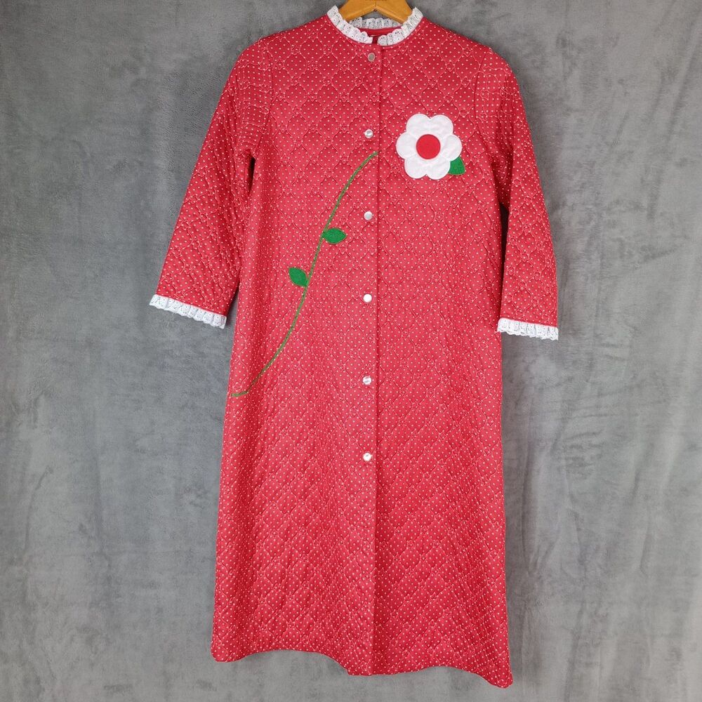 Vintage House Dress Robe 50s 60s Red Flower Groovy‎ Poly XS SMALL READ !